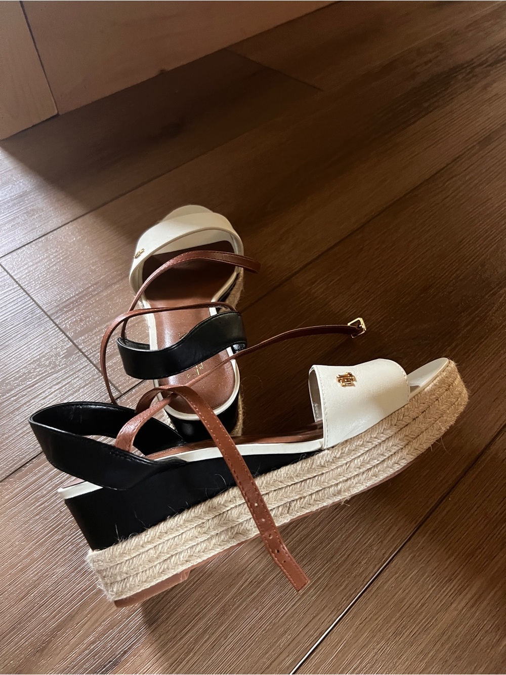 Ralph Lauren White and Brown Espadrille ~ leather upper and jute wedge